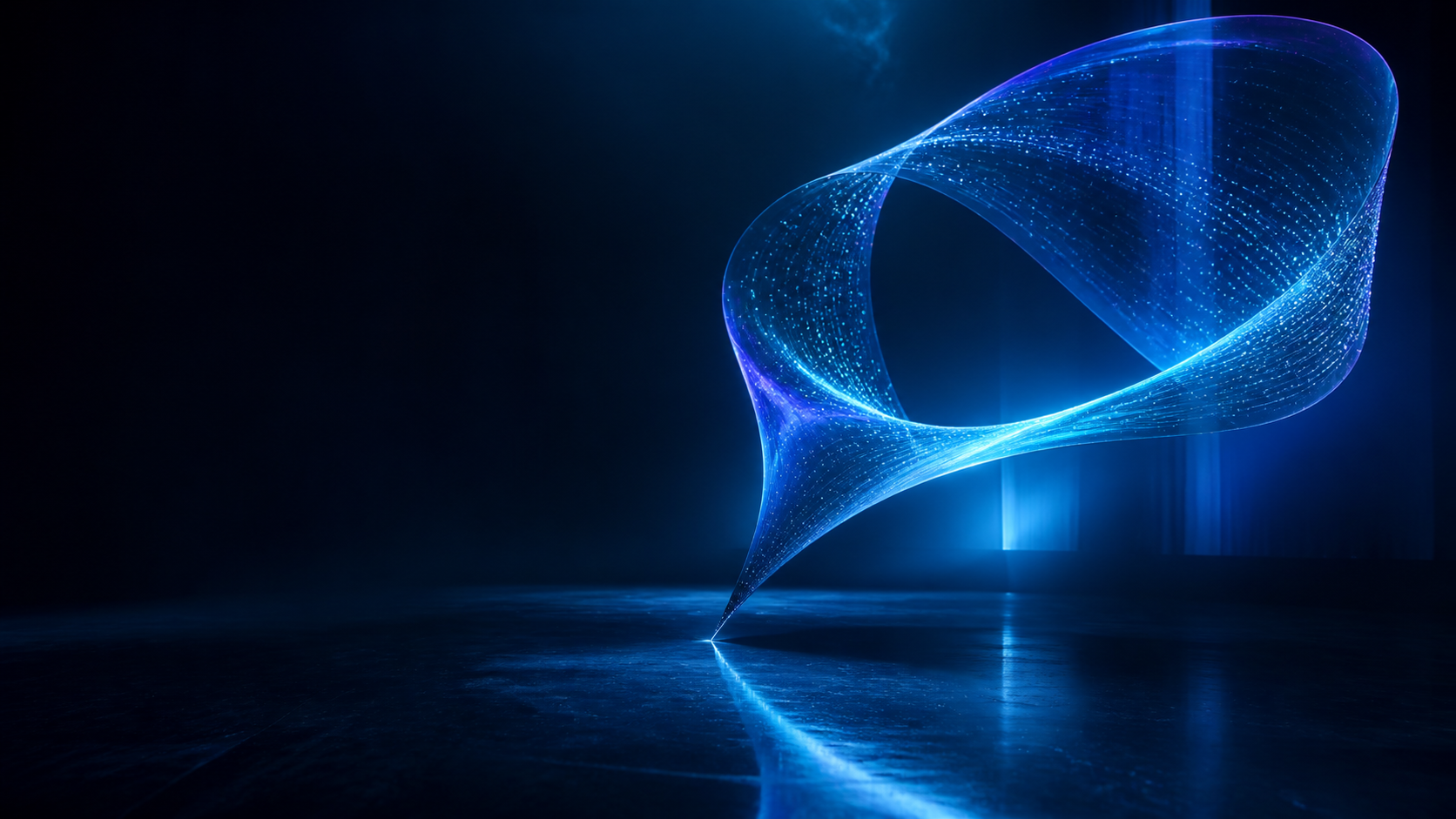A flowing ribbon of light carrying data through a dark architectural space
