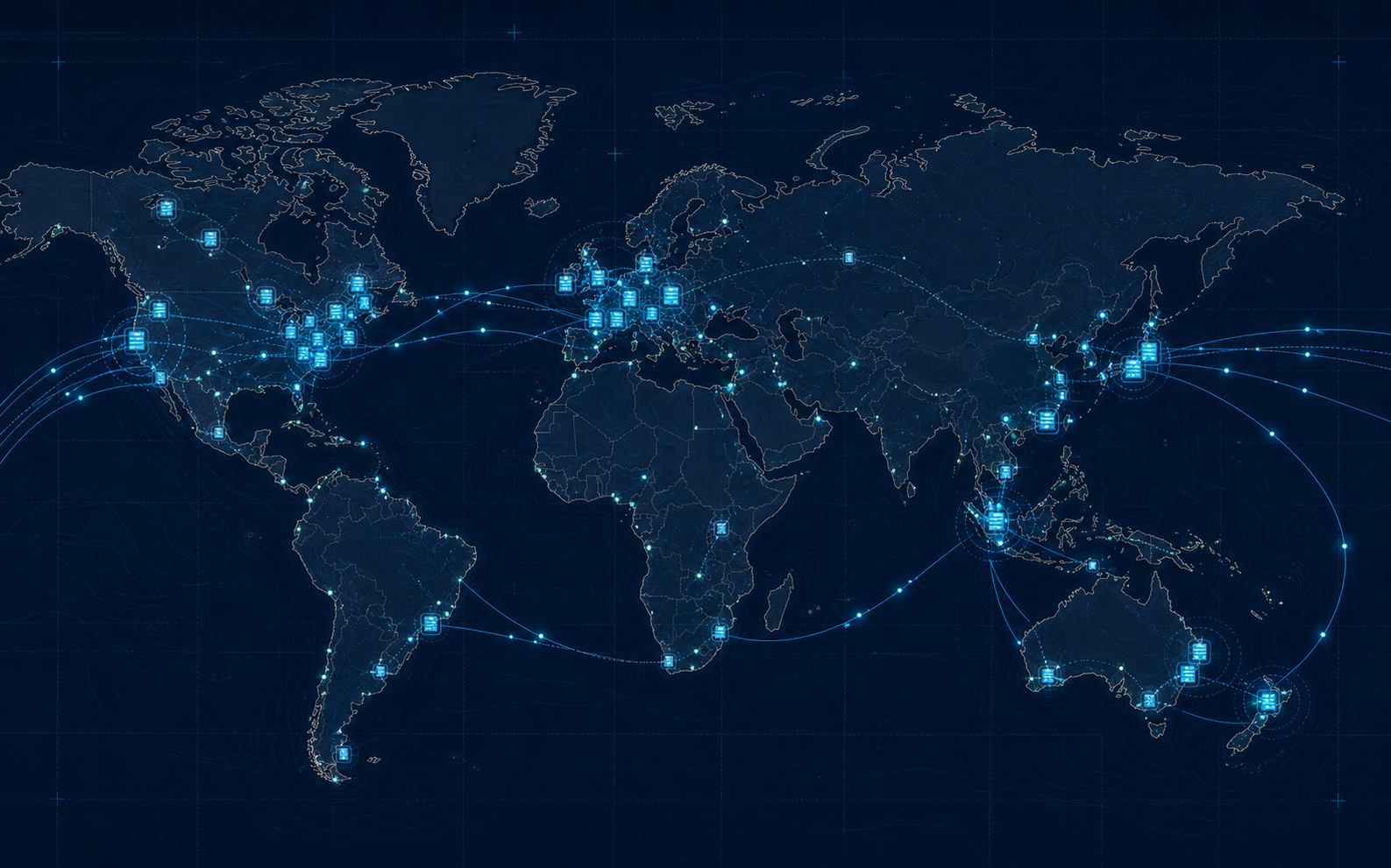 A flat operational atlas of Mixal infrastructure across North America, Europe, and Asia Pacific